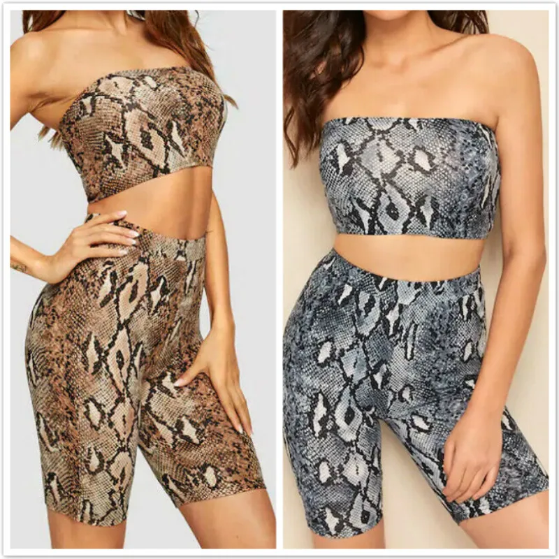 2Pcs Women Snake Print Outfit Thermal Underwear Set Spaghetti Straps Crop Top+ High Waist Pants Jumper Bra Tracksuit Suit