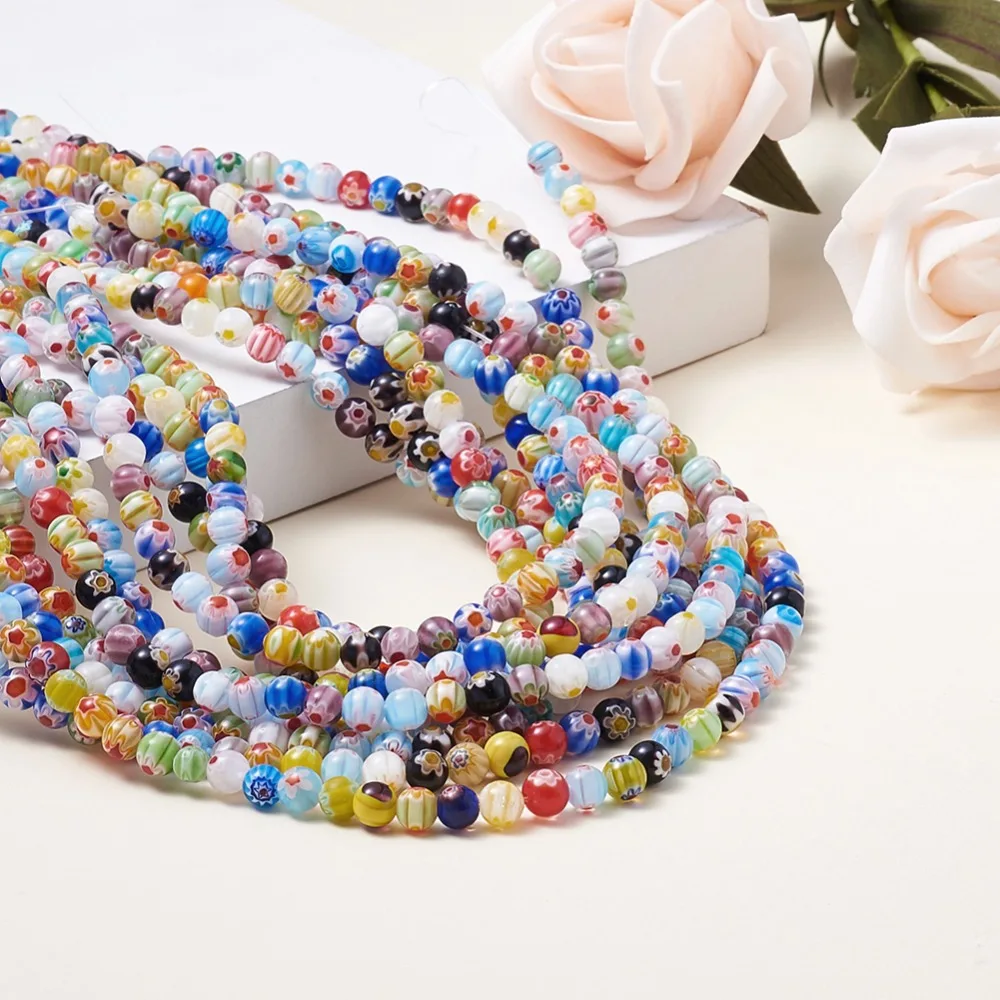

Millefiori Glass Beads Strands, Single Flower, Round, Mixed Color, 6mm in diameter, hole: 1mm, 65pcs/strand, 16"