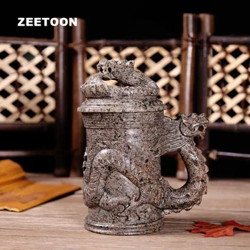 

220cc Natural Medical Stone Carving Circled Dragon Mug Longevity Healthy Teacup Tea Set Master Cup Creative Vintage Home Decor