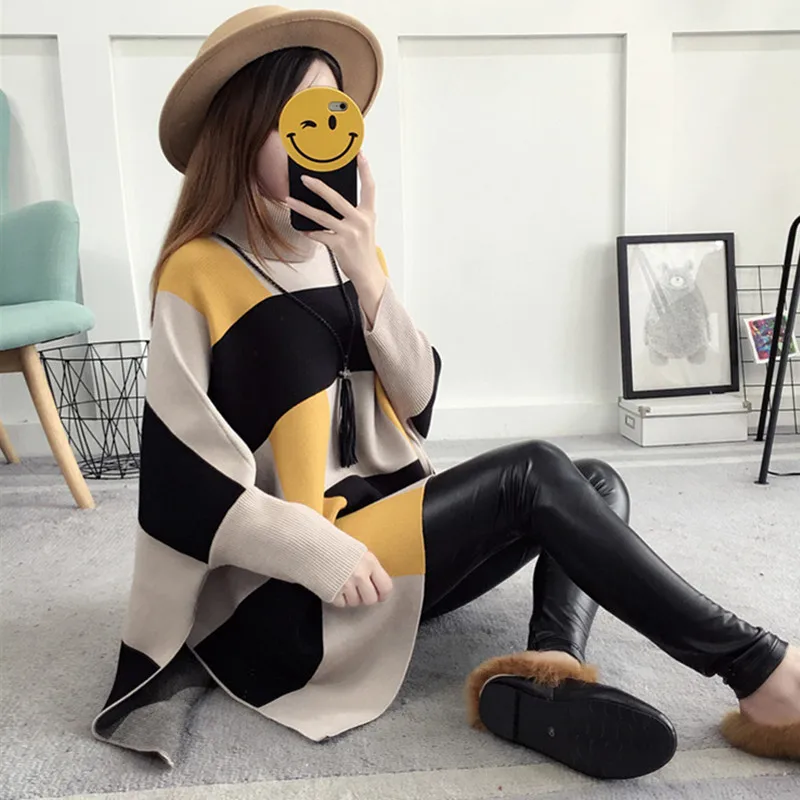 Uhytgfзимний вязаный женский свитер, плюс размер, корейские слои и пончо, женский свитер, Осенний пуловер, модное женское пальто 312 - Цвет: Black and yellow