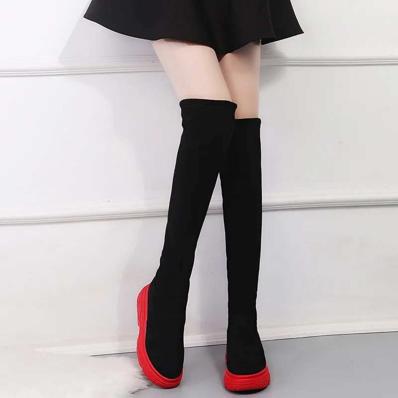 Skup Kobiety elastyczne długie buty moda na kolanach długie płaskie buty zwiększone kliny damskie buty wiosna jesień zima kobiety buty