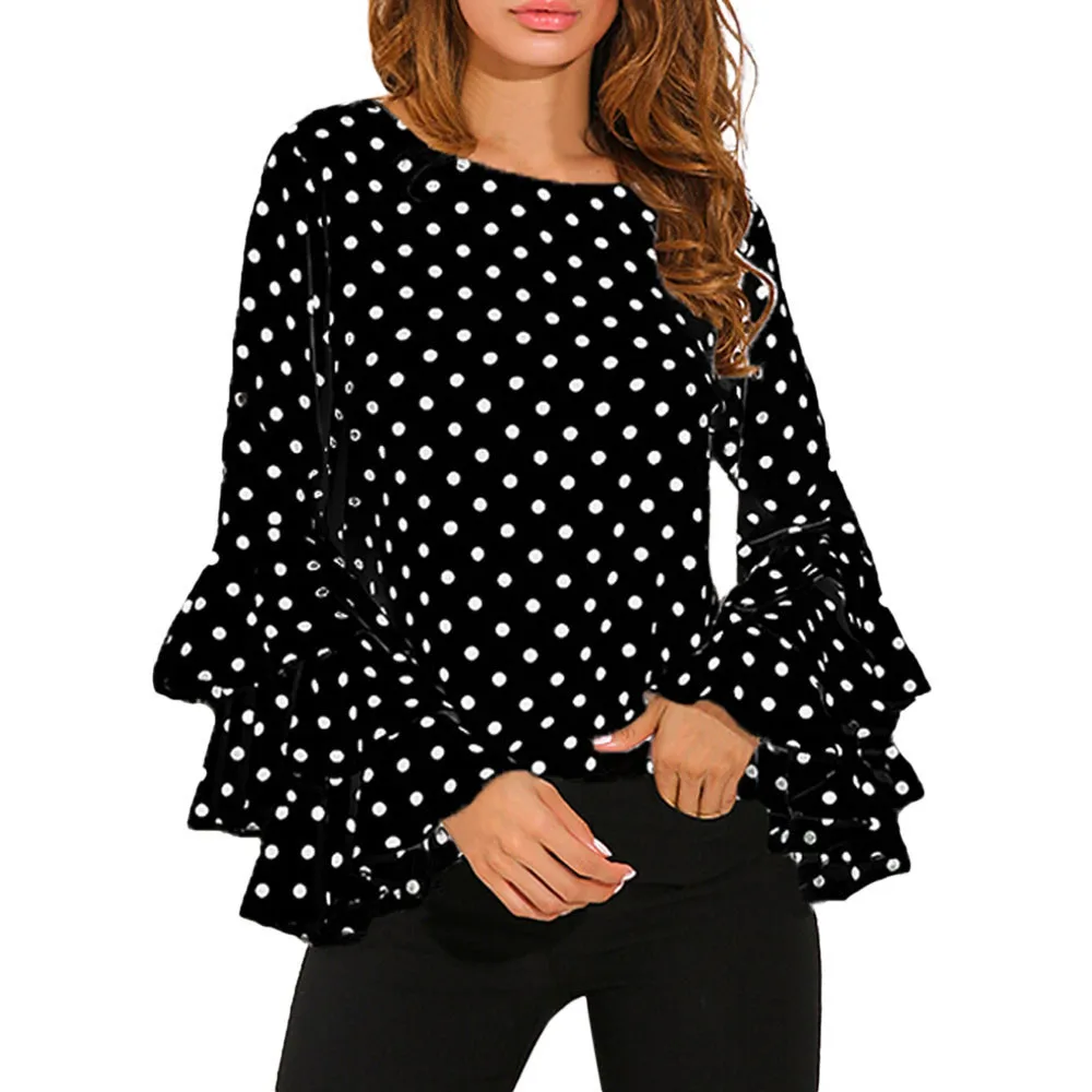 

SAGACE Fashion Women's Blouse 2019 Bell Sleeve Loose Polka Dot Shirt Ladies Casual Blouse Tops womens tops and blouses plus size