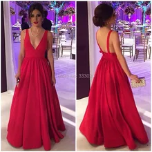 Eine Linie V-ausschnitt Taft Red Puffy Prom Kleid Low zurück Formales Kleid robe de soiree abendkleider