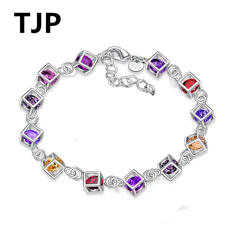 

TJP Charm 925 Sterling Silver Girl Engagement Party Bracelets Colorful Love Cube Women Bangles Fast Shipping Fashion Lovers Gift