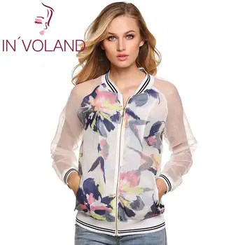 

Women Casual Autumn Jacket V-Neck Floral Print Blue Pink Floral Print See Through Long Sleeve Tops Sport Jacket Outwears S-XXL