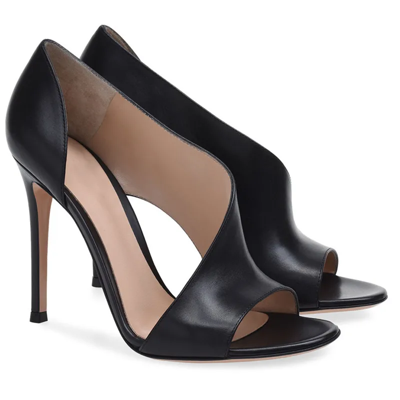 Sexy Women Irregular Pumps High Stiletto Heels Leather Black Open Toe Ladies Sandals Party Wedding Shoes Chaussures Femme X003W
