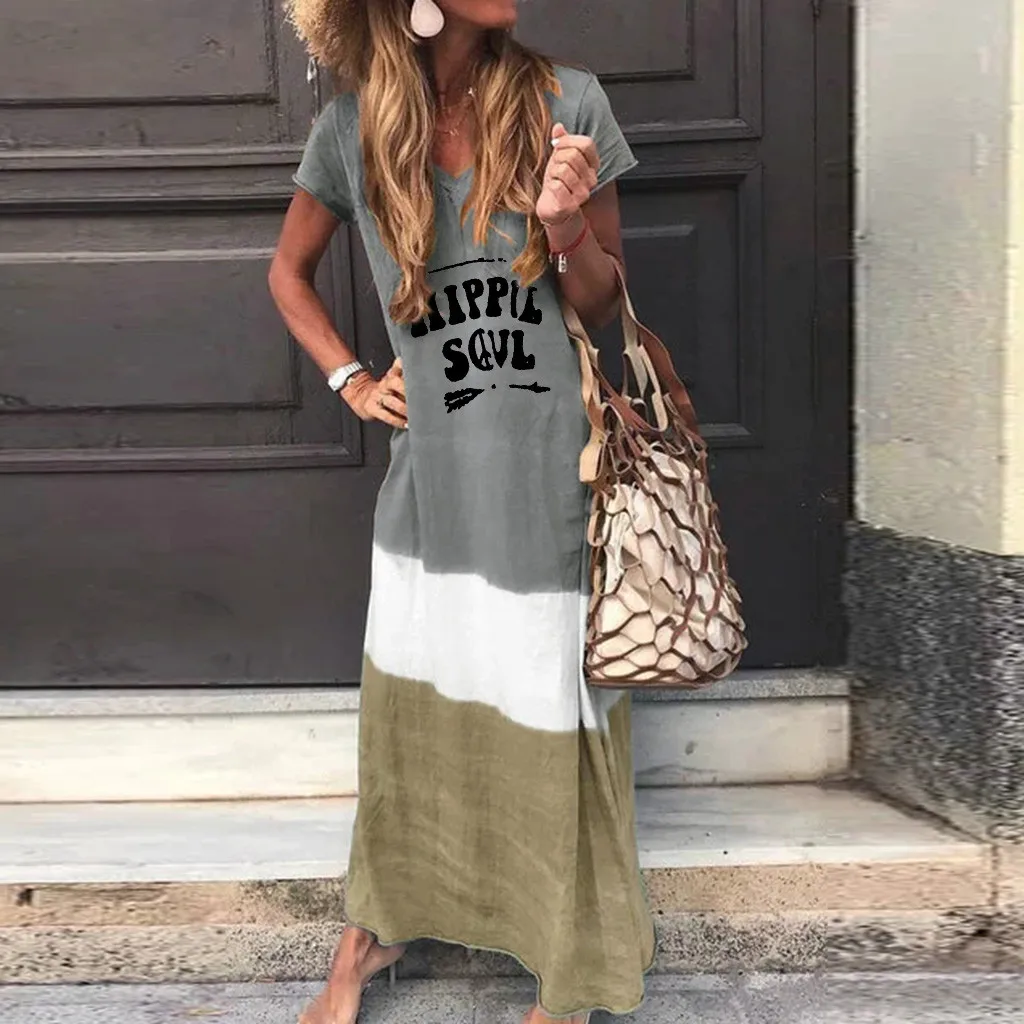 

JAYCOSIN Women Plus Size Daily Tie-dyed Color Block Loose V Neck Short Sleeve Maxi Dress vestidos de verano Dropshipping Z0709