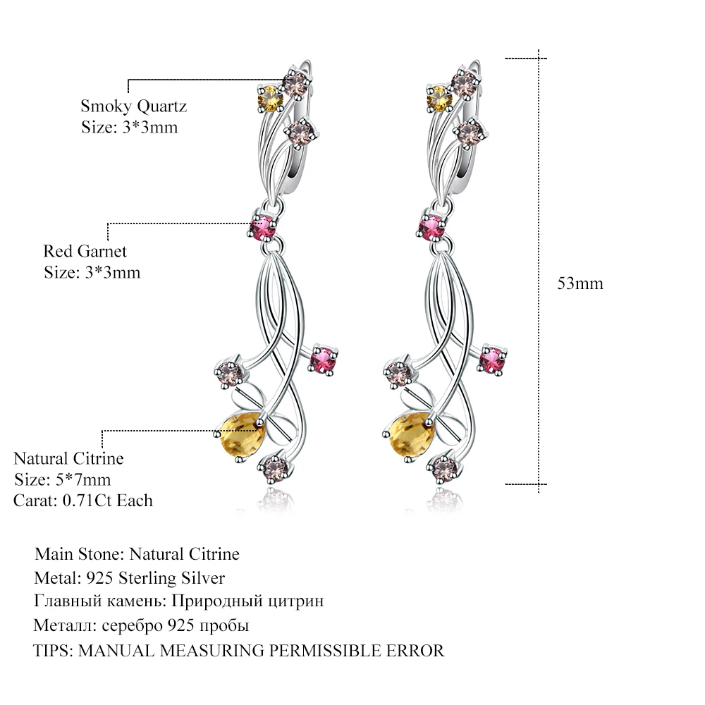 Gem's балетные 925 пробы серебряные ювелирные изделия цветочный дизайн гранат цитрин дымчатый кварц Камень Висячие серьги для женщин Мода
