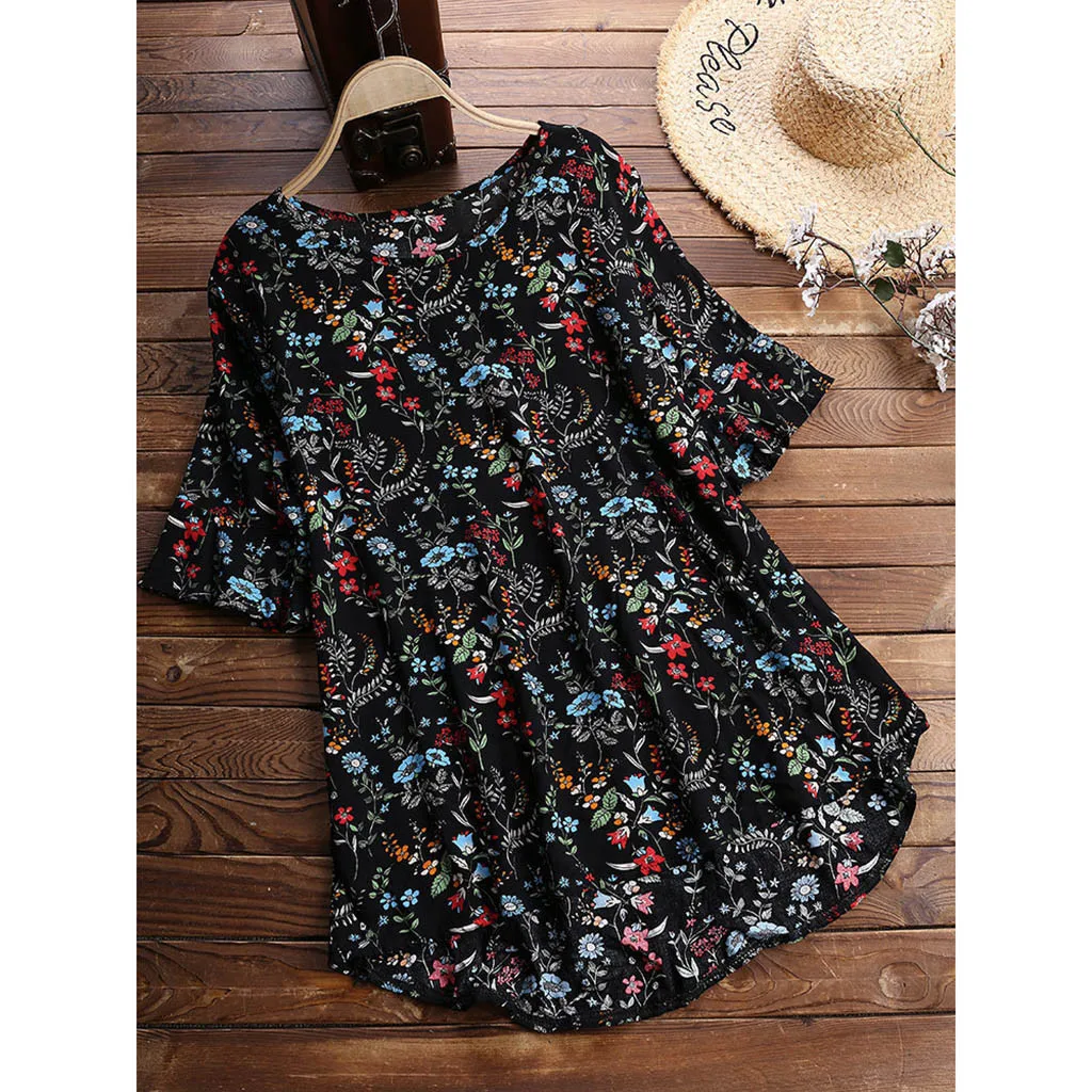 

Feitong Linen Large Size Tunic Shirt Women Loose Sleeve Print Blouse O-Neck Button Print Casual Blouse blusa feminina renda