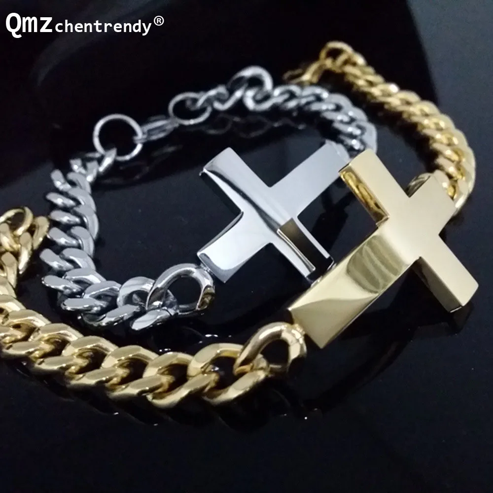 Stainless Steel font b Gold b font Silver Curb Cuban Chain Link Cross font b Bracelets