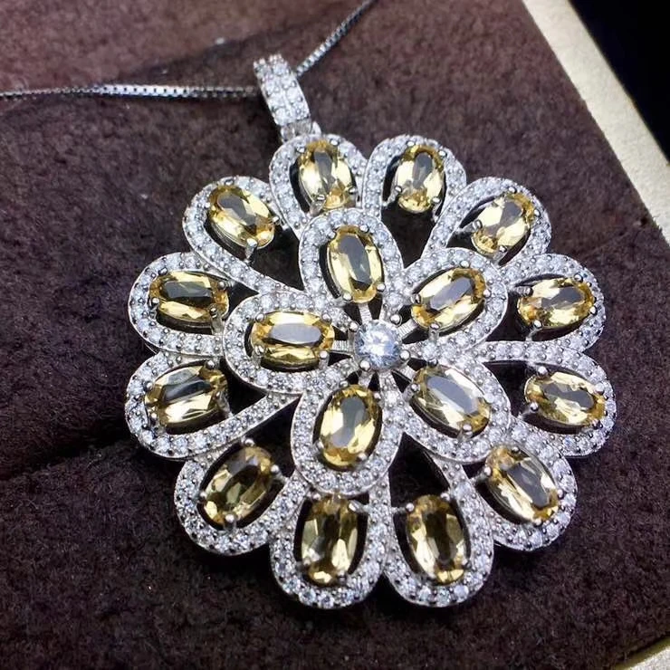 Натуральный желтый кристалл камень кулон S925 серебро натуральный цитрин Цепочки и ожерелья модный роскошный круглый Гортензия для женщин и