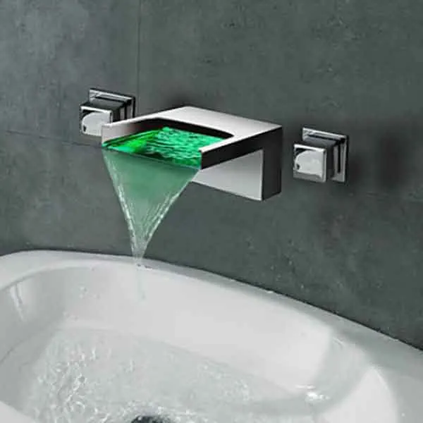 Us 98 56 36 Off New Chrome Waterfall Wall Mount 3 Colors Led Bathroom Sink Faucet Dual Handle Cold And Hot Water Tap In Basin Faucets From Home