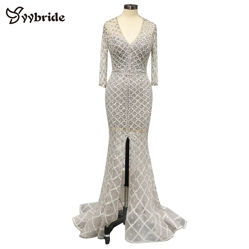 

Actual Tailor Made V-Neck Full Sleeves Prom Dresses Floor-Length Hand Sewing Pearls Dresses Thigh Slits Mermaid Evening Dresses