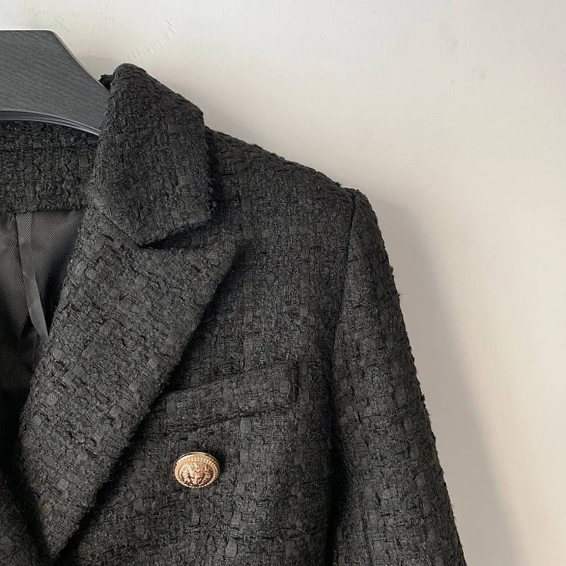 Tweed Blazer Women 2019 New Fashion Double Breasted Long Sleeve black blazer Woman Spring Autumn Elegant Slim Office Lady Blazer