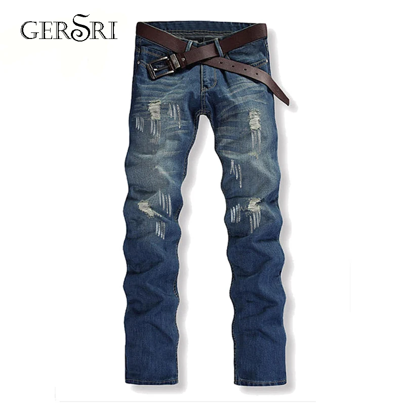 Gersri Straight Destroyed Jeans Brand Slim Casual Ripped Jeans Homme Retro Men's Denim Trousers High Quality Cotton Male Pants Gersri Straight Destroyed Jeans Brand Slim Casual Ripped Jeans Homme Retro Men's Denim Trousers High Quality Cotton Male Pants