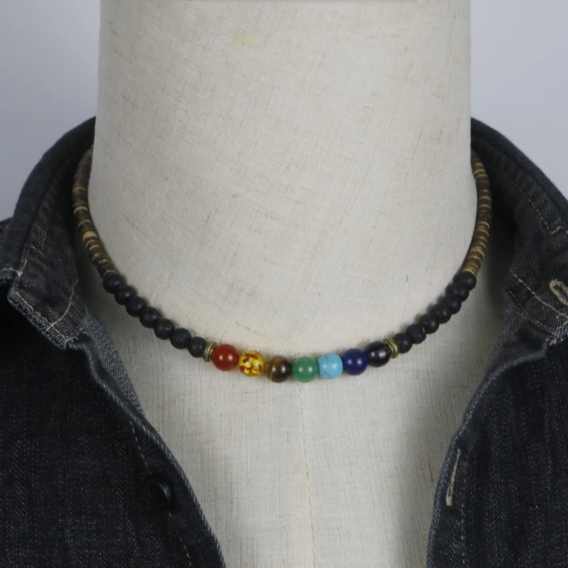 Деревенский натуральная Лава бисерное ожерелье для мужчин 7 ожерелье чакры для мужчин и женщин племен духовное ожерелье подарок для Него SU-12