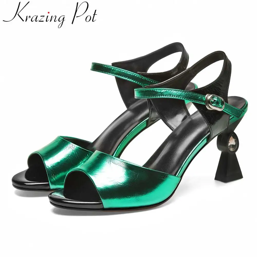 

Krazing pot luxury cow leather European superstar buckle strap women sandals peep toe high heels peep toe mixed colors shoes L21