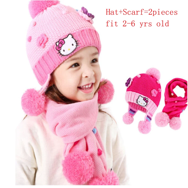 

Baby Winter Accessories Hat Set with Scarf Neck Warm Caps for Girls Christmas Gift Hello Kitty Children Girl Warm Snow Hats 2-6T
