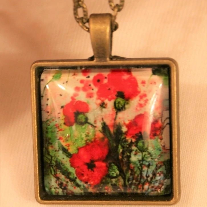 Cluster of Red Poppies in the Field Square Cameo Brasstone Necklace