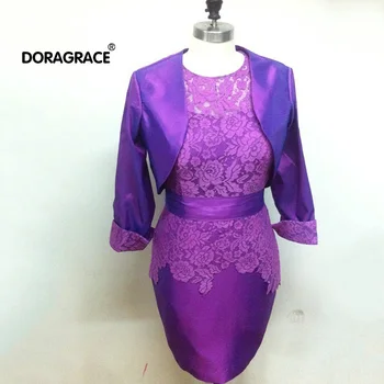 

Doragrace Custom Made Plus Size Purple Grey Elegant Knee-Length Sheath Mother of the Bride Dress with Jacket Bolero