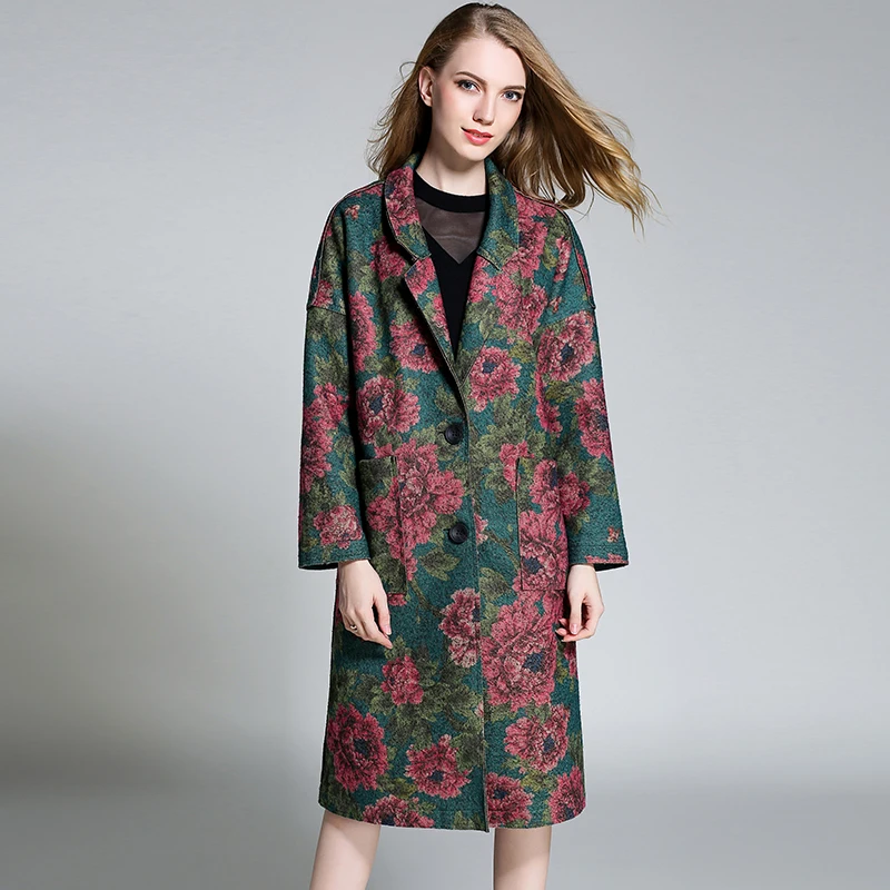 Women autumn wool coats 2017 new plus size flower print brand woman ...