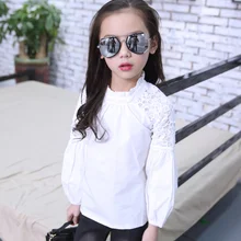 Новинка года; белые школьные рубашки с длинными рукавами для девочек; блузки для девочек с круглым вырезом; однотонные топы для подростков; детская одежда; Bs078