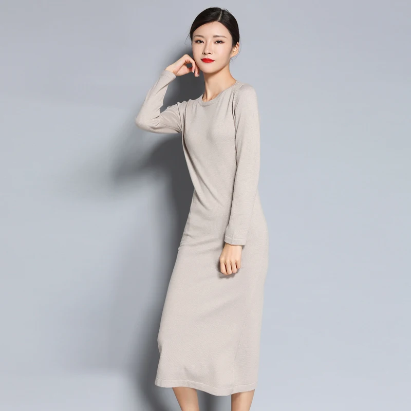 

Winter Dress Women Long Sleeve O-Neck Fashion Wool Cashmere Sweater Knitted Dress Women Autumn Loose Midi Dress Female Vestidos