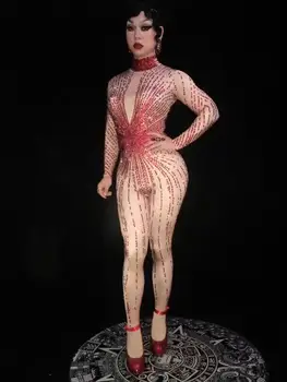

Sparkly Red Jumpsuit Sexy Stretch Bodysuit Women's Stage Performance Birthday Celebrate Luxurious Costume Dance Rompers DJ DS