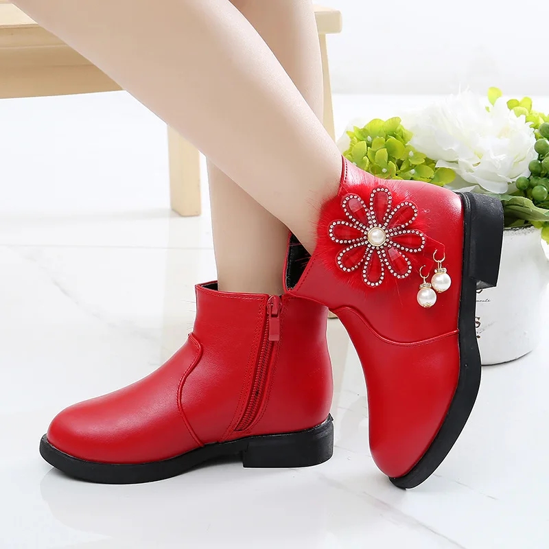 Autumn Winter Children's leather boots For Baby Girls Leisure short boot Flowers Warm plush Martin boots for children