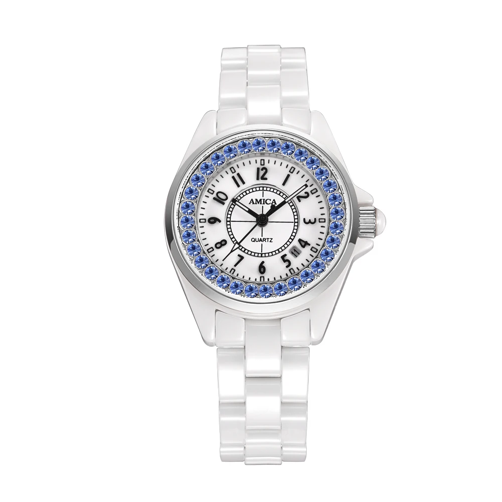 

Amica Women's D-Ceramics Quartz Sapphire Silver Tone Stainless Steel Surface Crystal Ceramic Watchband Wrist Watches A5-4