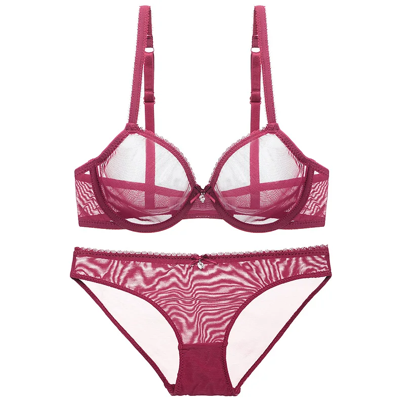 Women Mesh Bra Set Sexy Seamless Push Up Underwire Thin Cup Back Closure Underwear Bras (11)