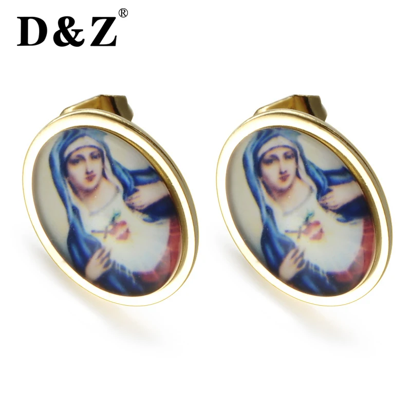 D&Z Gold Color Stainless Steel Virgin Mary Earrings Women Virgin Mary