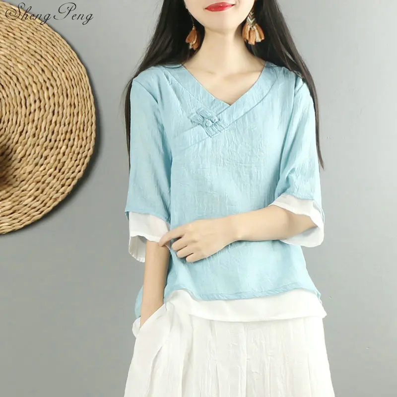 New Traditional Chinese Clothing Womens Tops Blouses Linen Button Shirt Oriental Female Cheongsam Top China Clothing G153 - Color: 3