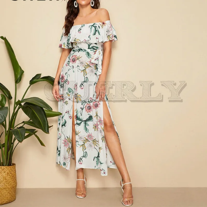Image CUERLY Boho Floral Print Split Hem Foldover Off Shoulder Maxi Dress Women Summer Sexy Dress Beach Vacation Belted Long Dresses