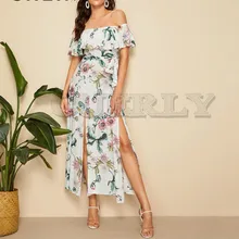 CUERLY Boho Floral Print Split Hem Foldover Off Shoulder Maxi Dress Women Summer Sexy Dress Beach Vacation Belted Long Dresses CUERLY Boho Floral Print Split Hem Foldover Off Shoulder Maxi Dress Women Summer Sexy Dress Beach Vacation Belted Long Dresses