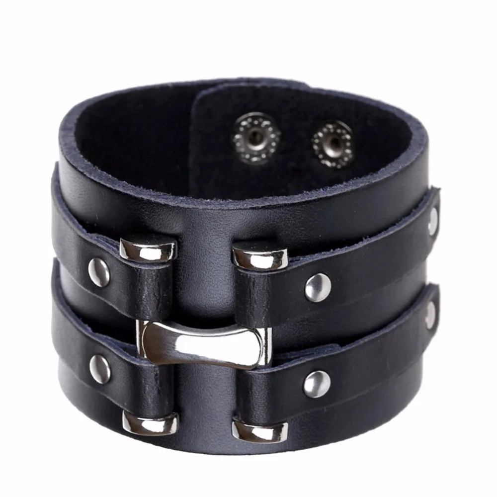 Fashion Punk Handmade Genuine Leather Bracelets Wristband Retro Wide