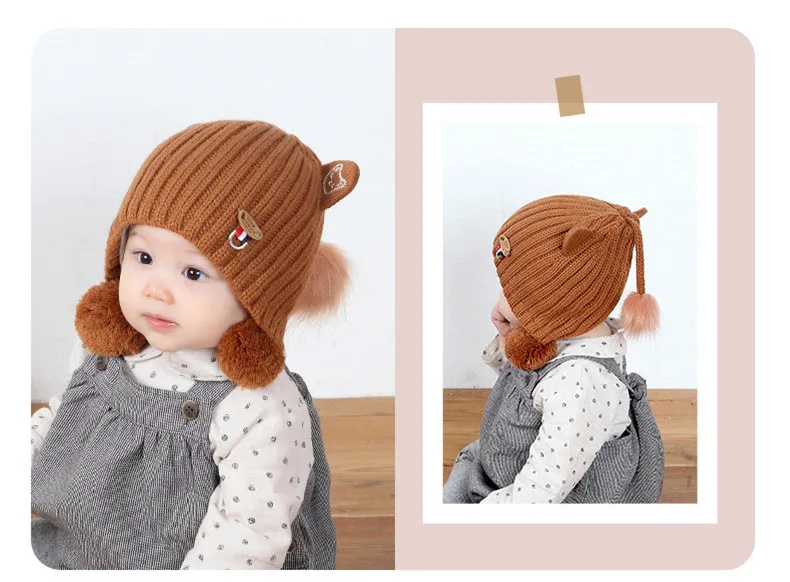 New Baby Knit Hat Autumn And Winter Thickening Female Baby Winter Hat  With Hair Ball Newborn Wool Hat Out Of The Ear Cap GCG42 (8)