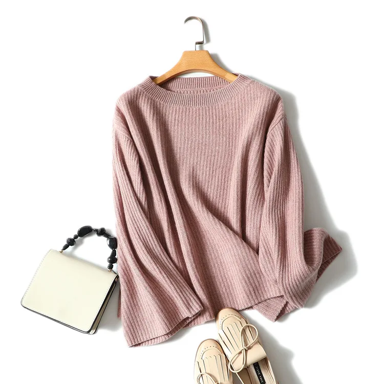 Осень мода кашемировый свитер зимний женский свитер круглый вырез ребристый трикотажный белый свитер пуловер Женский Теплый джемпер - Цвет: Pink