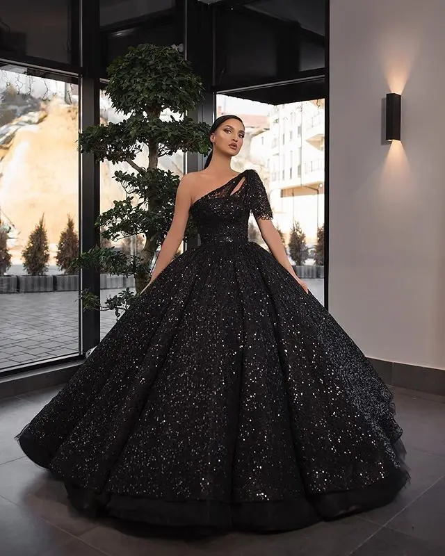 Длинное черное вечернее платье Пышное Бальное Платье с асимметрией на одно плечо вечерние платья с пайетками из Саудовской Аравии женские вечерние платья robe de soiree