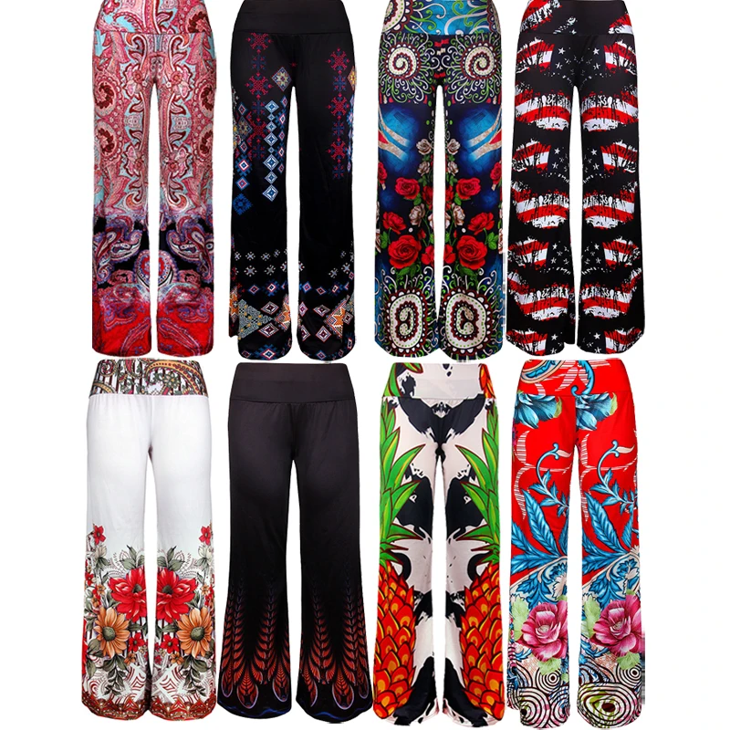 

2019 Summer Fall Autumn Pattern Print Retro Loose Straight Wide Leg High-waist Trousers Casual Long Streetwear Femme Long Pants
