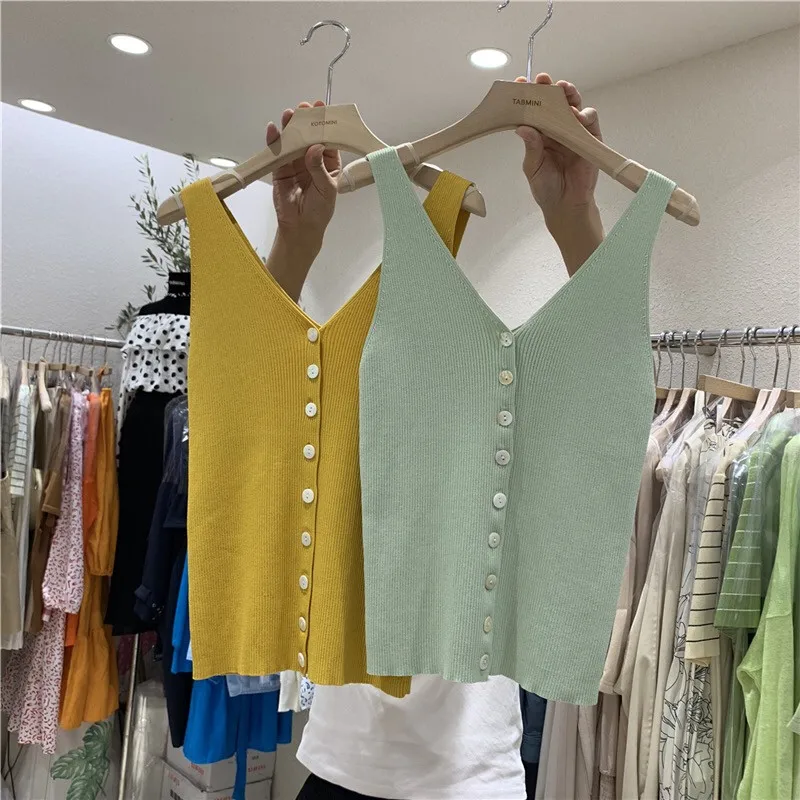 Fashion Button Knit Vest Women Top Camisole Female Solid Elastic knited Slim Sleeveless Tops Femme Summer Casual Camis New