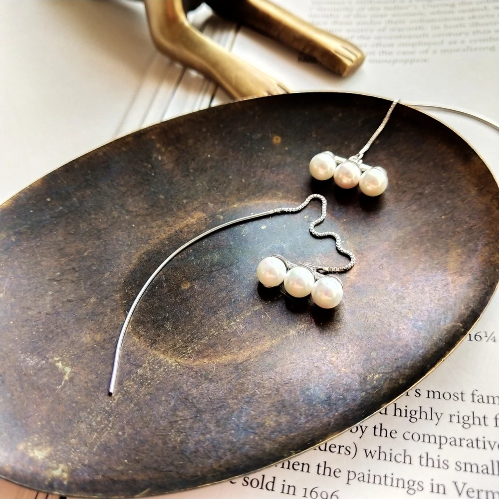 

Korean Design Ladies Shell Pearl Adjustable Long Line Drop Earring in 925 Sterling Silver With Sticks Slide Earrings For Party