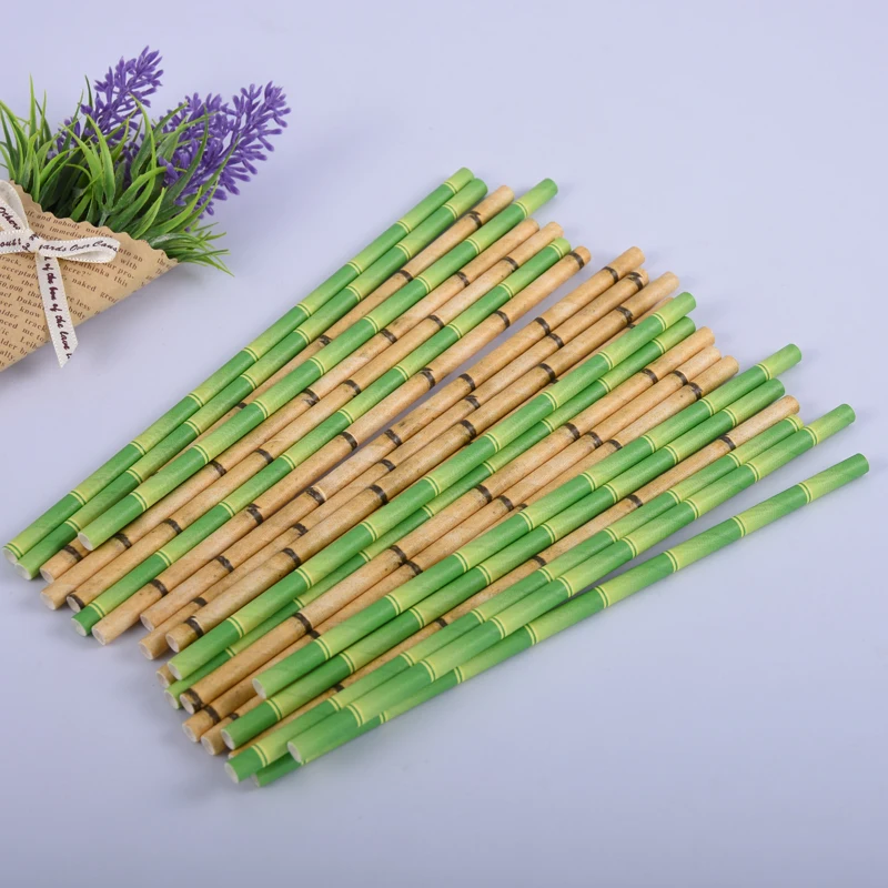 

25pcs Cake Topper Green Bamboo Paper Straws Kids Happy Birthday Wedding Decorative Event Tropical Party Supplies Drinking Straws