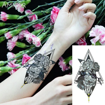 

1PC Gray Rose Hot Black White Large Flower Henna Temporary Tattoo Black Mehndi Style Waterproof Tattoo Sticker