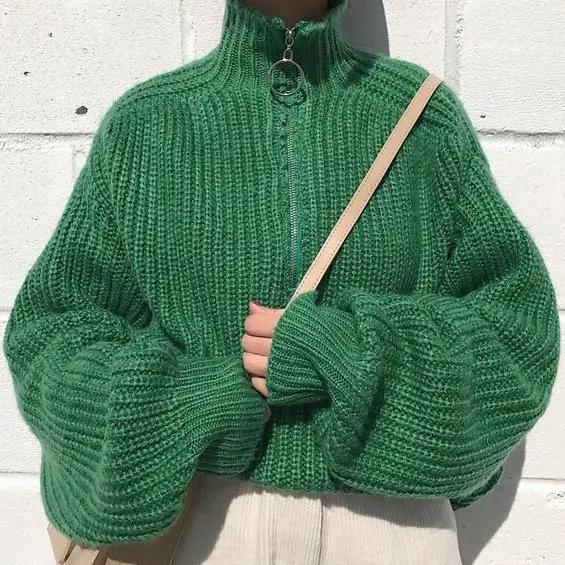 Green Half Zip Sweater Women Half Turtleneck knitted
