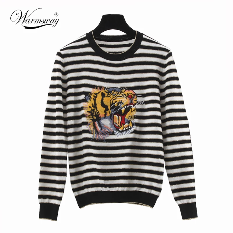 Luxury Brand Sweater Women 2018 High Quality Runway Sweater With Tiger Embroidery Striped Sweater Pullovers WS-123