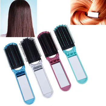 

Folding Hair Brush With Mirror Compact Pocket Size Travel Car Purse Bag Gift