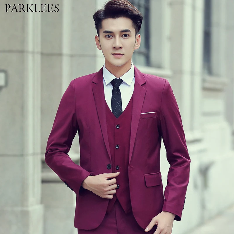 

Men 3 Piece Burgundy Suit 2019 Brand New Slim Fit Mens Suits with Pants Single Button Wedding Formal Business Dress Suit Men 5XL