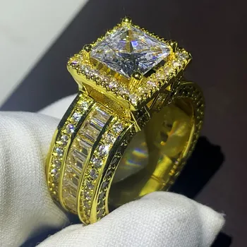 

2019 Top Selling High Quality Luxury Jewelry 9625 Silver&Gold Fill Princess Cut Big 5A CZ Promise Women Wedding Bridal Ring Gift