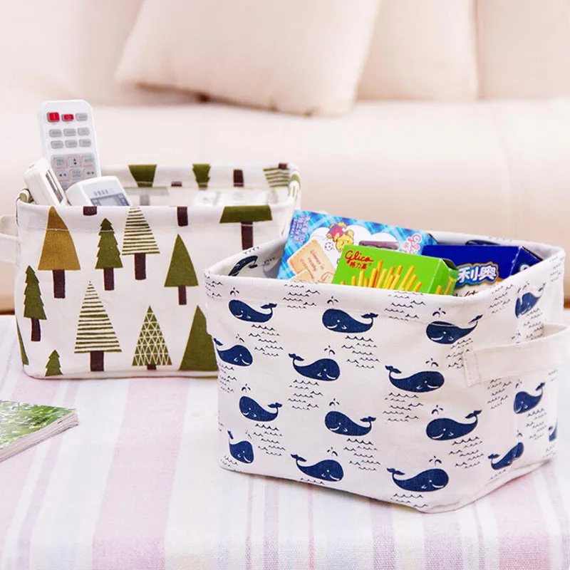 

Cute Cartoon Linen Desk Storage Box Holder, Waterproof Jewelry Cosmetic Stationery Sundries Organizer Case with Handle